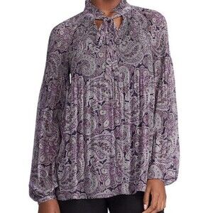 Lauren Ralph Lauren Top Womens Medium Purple Paisley Georgette Tie-Neck Blouse